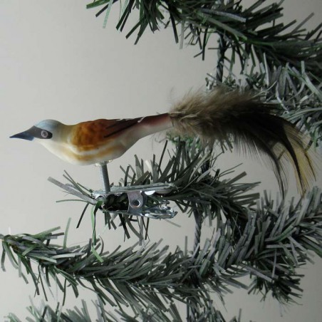 Glasvogel, mini Neuntöter mit Naturfedern