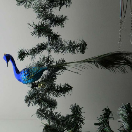 Glasvogel, Pfau gross blau mit Pfauenfeder