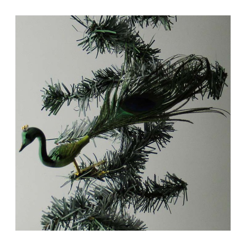Glasvogel, Pfau grün mittel mit Pfauenfeder