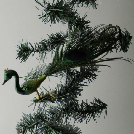Glasvogel, Pfau grün mittel mit Pfauenfeder