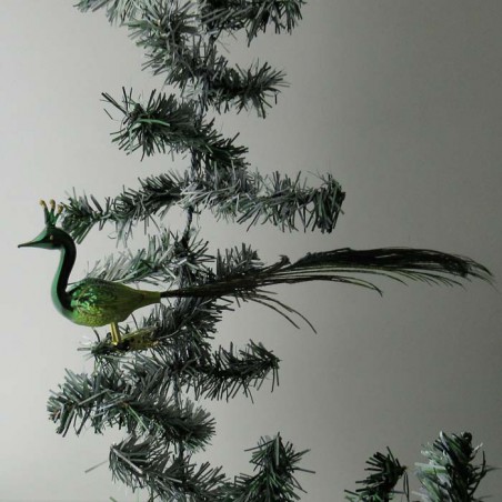 Glasvogel, Pfau grün gross mit Pfauenfeder