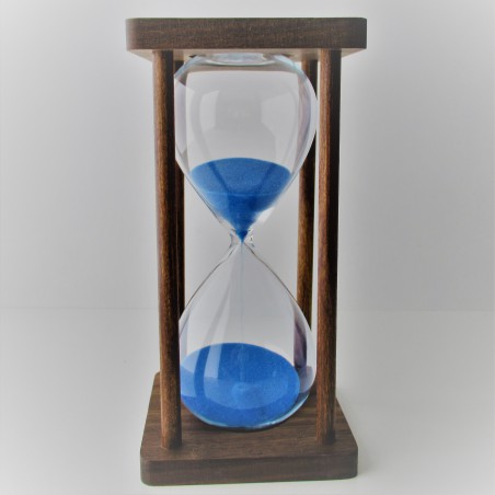Sanduhr 10 Min. 18 cm Blau, Glas im  Holzgestell Nussbaum dunkel