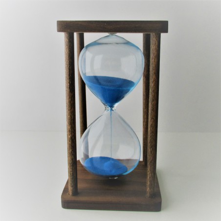 Sanduhr 5 Min. 15 cm Blau, im  Holzgestell Nussbaum dunkel