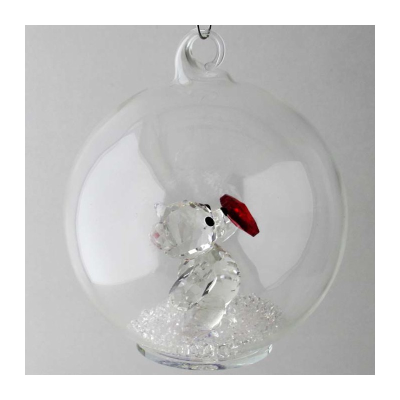 Glaskugel mit Kristall 75mm Bär und rotes Herz  mit losen Kristallen in der Kugel. zum hängen und stellen