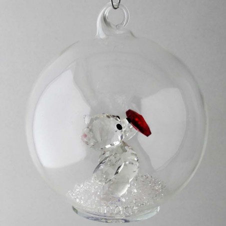 Glaskugel mit Kristall 75mm Bär und rotes Herz  mit losen Kristallen in der Kugel. zum hängen und stellen