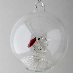 Glaskugel mit Kristall 75mm Bär und rotes Herz  mit losen Kristallen in der Kugel. zum hängen und stellen