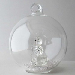 Glaskugel mit Kristall 7.5cm Schaukelpferd klar mit losen Kristallen in der Kugel, zum haengen und stellen