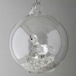 Glaskugel mit Kristall 7.5cm Schaukelpferd klar mit losen Kristallen in der Kugel, zum haengen und stellen