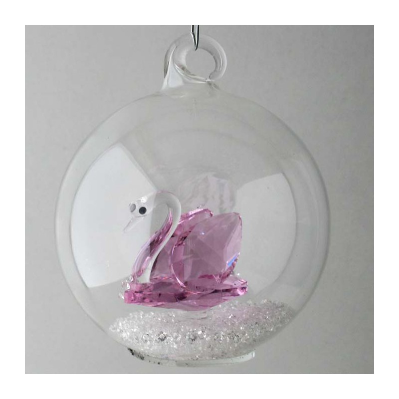 Glaskugel mit Kristall 7.5cm Schwann rosa  mit losen Kristallen in der Kugel. zum haengen und stellen Glaskugel mit Kristall 7.5cm Schwann rosa  mit losen Kristallen in der Kugel. zum haengen und stellen