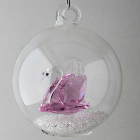 Glaskugel mit Kristall 7.5cm Schwann rosa  mit losen Kristallen in der Kugel. zum haengen und stellen