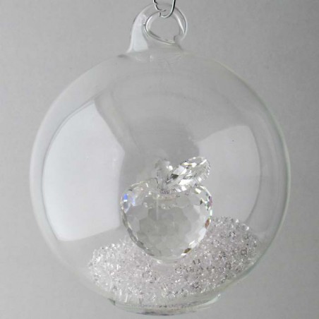 Glaskugel mit Kristall 7.5cm Apfel klar  mit losen Kristallen in der Kugel, zum haengen und stellen