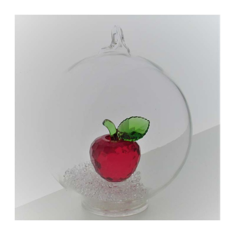 Glaskugel mit Kristall 7.5cm Apfel rot klar mit losen kristallen   zum hängen und stellen