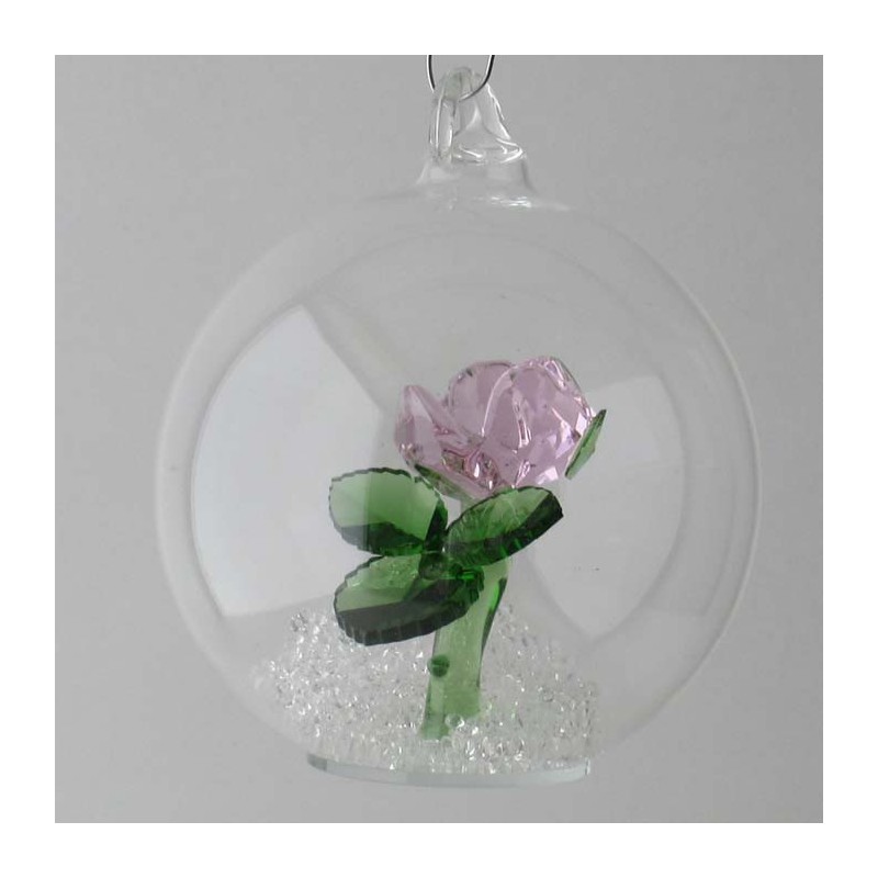 Glaskugel mit Kristall 7.5cm Rose blau rosa  mit losen Kristallen in der Kugel. zum haengen und stellen