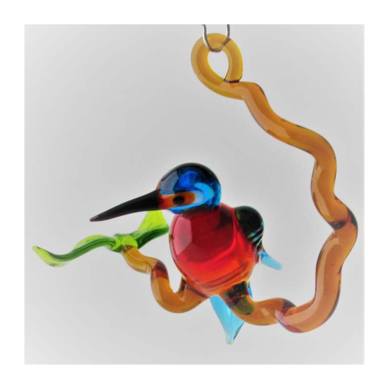 Glasvogel, Eisvogel 58mm auf Ast klein blau Bernstein, zum hängen