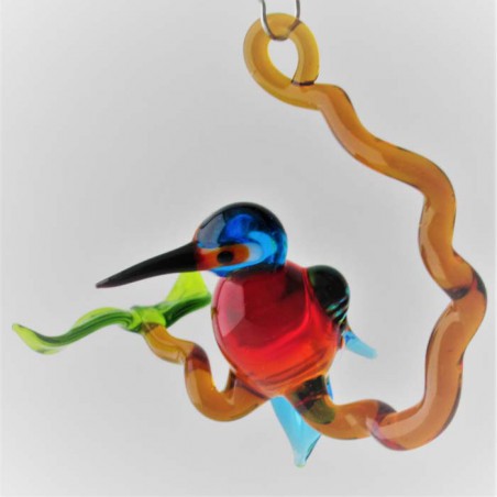 Glasvogel, Eisvogel 58mm auf Ast klein blau Bernstein, zum hängen