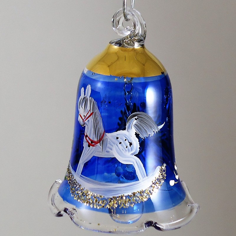 Glasglocke 040 mm Blau Schaukelpferd Weihnacht mit Goldrand zum hängen