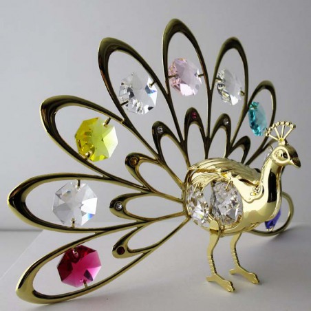 Pfau mit Farbigen Swarovski Elements vergoldet