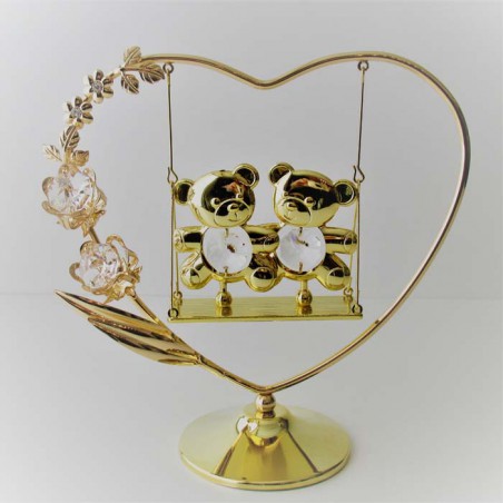 Herz mit 2 Bären auf Schaukel mit Swarovski Elements vergoldet