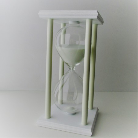 Sanduhr 45 Min. 20 cm Weiss, Holzgestell  weiss viereckig mit 4 Sauelen