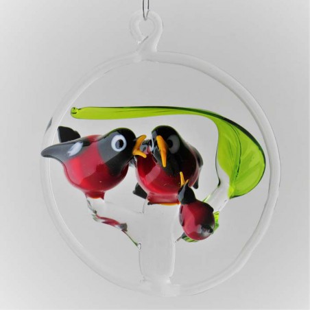Glas Vogelfamilie 90mm im Ring rot zum hängen