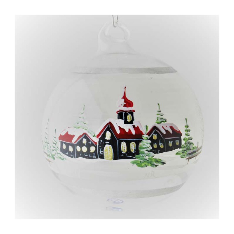 Glaskugel 080 mm klar Perle Winterlandschaft schwarz zum hängen