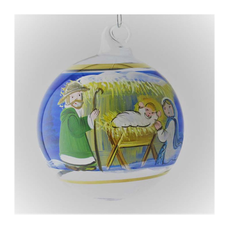 Glaskugel 060 mm Blau hl. Familie mit Goldrand  zum hängen