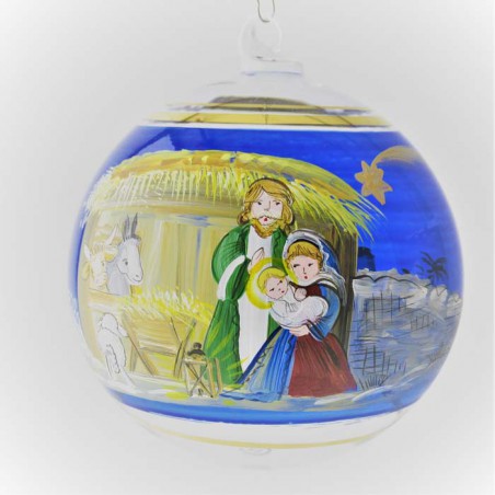 Glaskugel 100 mm Blau hl. Familie mit Goldrand  zum hängen