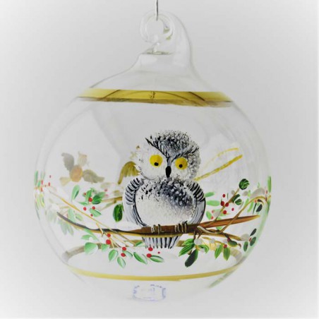 Glaskugel 060 mm klar Schneeeule mit Goldrand zum hängen
