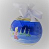 Glaskugel 120 mm Blau Winterlandschaft mit Kinder und Goldrand zum hängen