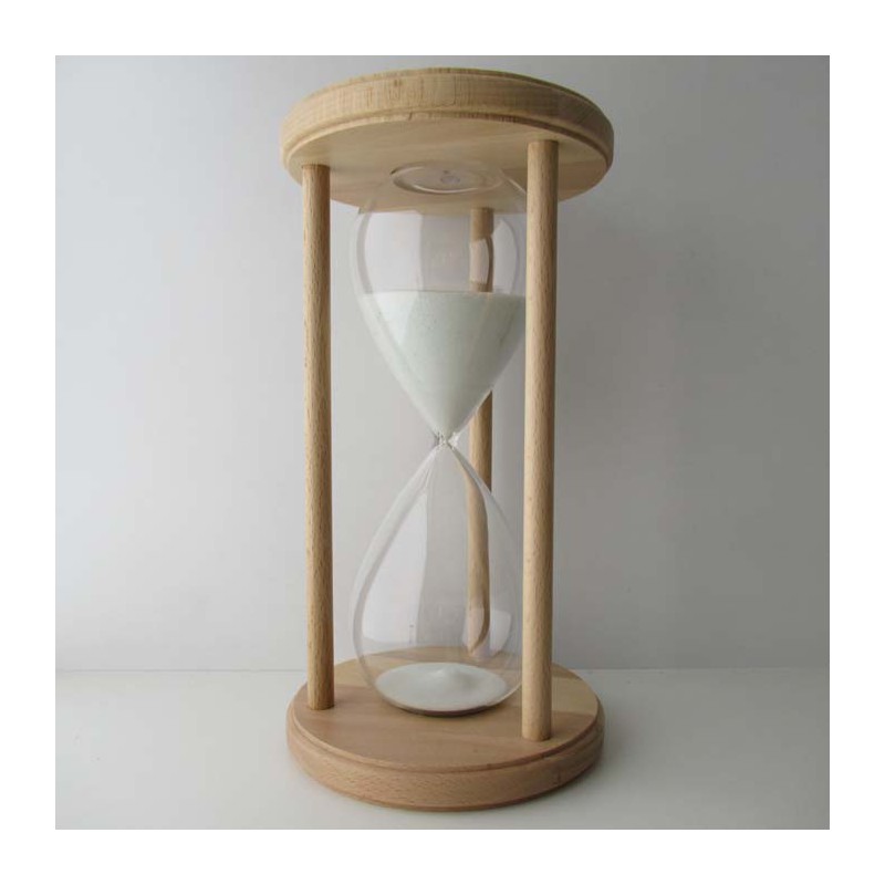 Sanduhr 60 min 29 cm Weiss, im Holzgestell Natur Buchenholz  rund mit gedrechselten Säulen
