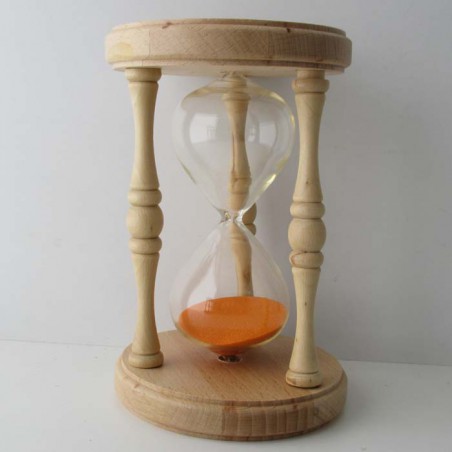 Sanduhr 10 min. 17 cm Orange, im Holzgestell Buche rund mit gedrechselten Säulen