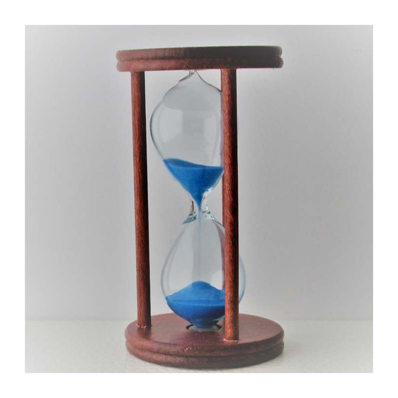 Sanduhr 10 Min. 9cm zylindrisch Glas in Holzgestell Mahagoni rot gebeizt,