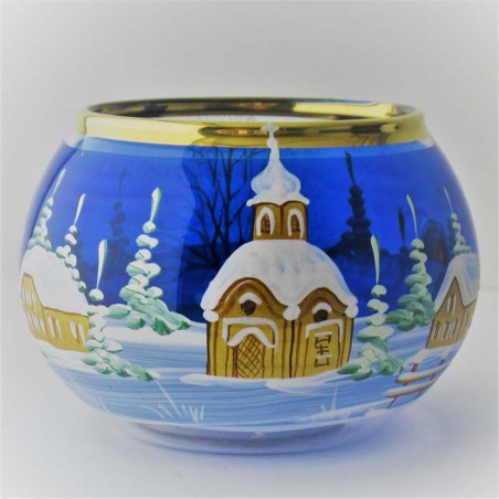 Glas Windlicht 80mm blau bauchig  Winter Kirche mit Goldrand
