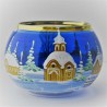 Glas Windlicht 80mm blau bauchig  Winter Kirche mit Goldrand