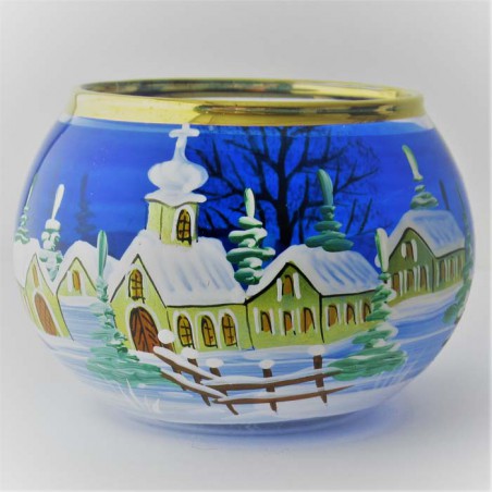 Glas Windlicht 80mm blau bauchig Winter Kirche mit Goldrand