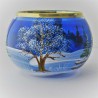 Glas Windlicht 80mm blau bauchig Winter Kirche mit Goldrand