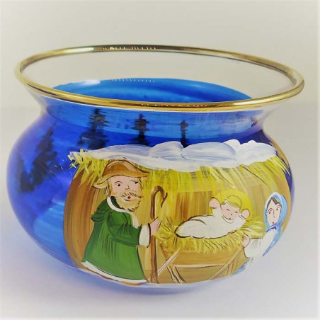 Glas Windlicht 80mm blau mit hl.Familie und Goldrand