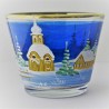 Glas Windlicht 75mm konisch Winter Kirche blau mit Goldrand