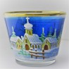 Glas Windlicht 75mm konisch Winter Kirche blau mit Goldrand