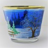 Glas Windlicht 75mm konisch Winter Kirche blau mit Goldrand