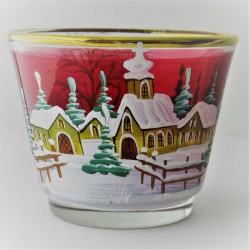 Glas Windlicht 75mm rot konisch Winter Kirche  mit Goldrand sortiert