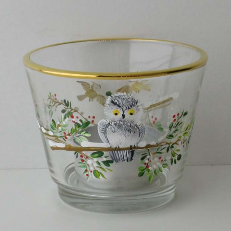 Glas Windlicht 75mm Schneeeule konisch