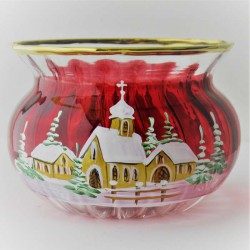 Glas Windlicht 80mm rot bauchig Winter Kirche rot mit Goldrand sortiert