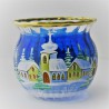 Glas Windlicht 65mm klein blau Winter Kirche mit Goldrand