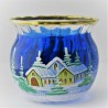 Glas Windlicht 65mm klein blau Winter Kirche mit Goldrand