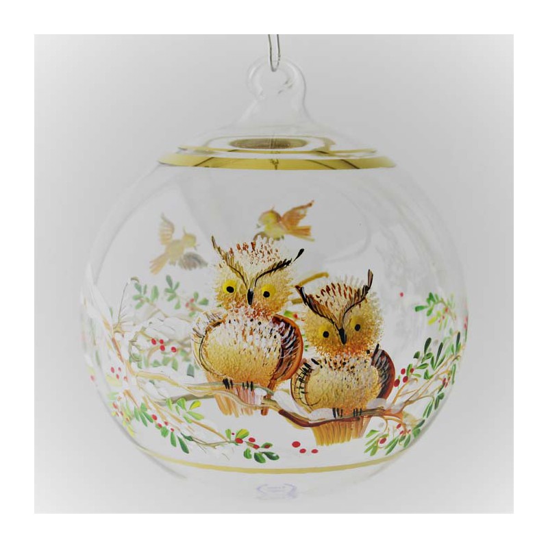 Glaskugel 080 mm klar Eule braun mit Goldrand zum hängen