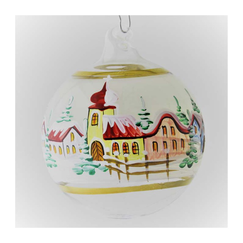 Glaskugel 080 mm Perle Winterlandschaft mit Goldrand zum hängen