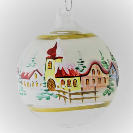 Glaskugel 080 mm Perle Winterlandschaft mit Goldrand zum hängen