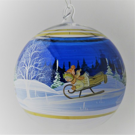 Glaskugel 140 mm Blau Winterlandschaft mit Goldrand zum hängen