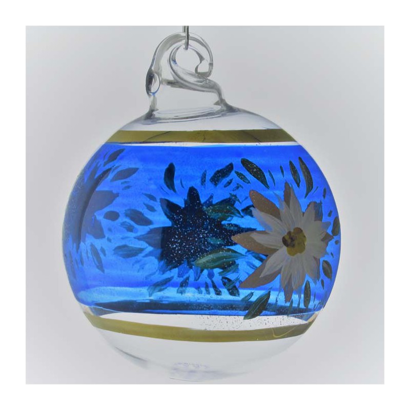 Glaskugel 060 mm Blau  Kugel mit Edelweiss blau und Goldrand zum hängen